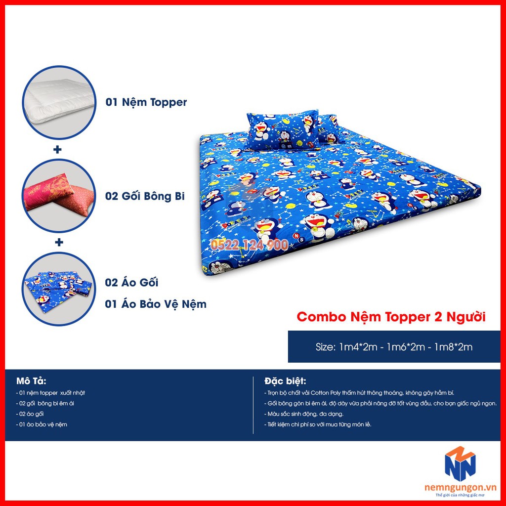 Combo trọn bộ sản phẩm nệm bông xuất Nhật - nệm topper Nhật - đồng bộ màu sắc [Đủ size] - Màu ngẫu nhiên