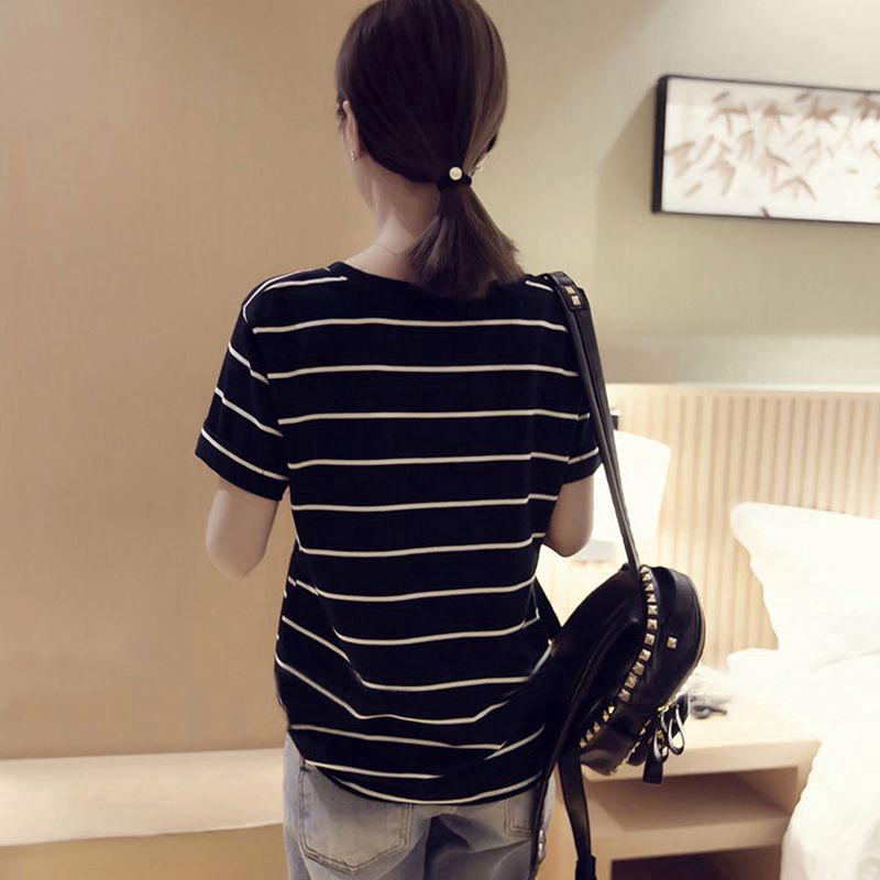 Áo thun ngắn tay cổ tròn dáng rộng họa tiết sọc đơn giản cho nữ