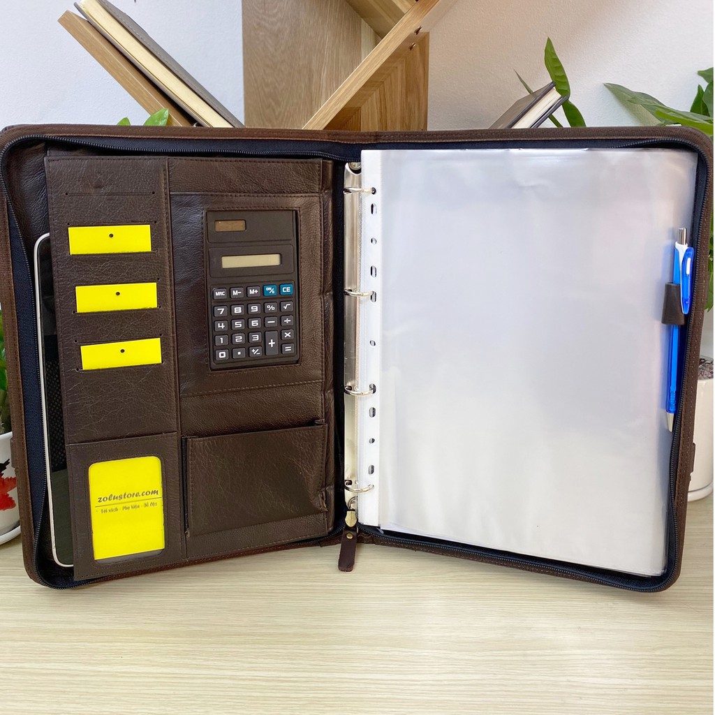 Cặp đa năng da bò 100% đựng tài liệu hồ Sơ Ipad giấy A4 đa năng nhiều ngăn ( tặng máy tính + tệp A4 + túi hồ sơ trong)