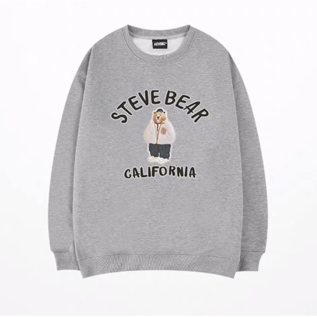 Áo sweater unisex, áo nỉ sweater form rộng Nelly Heybig chính hãng streetstyle in hình gấu cute màu xám S2