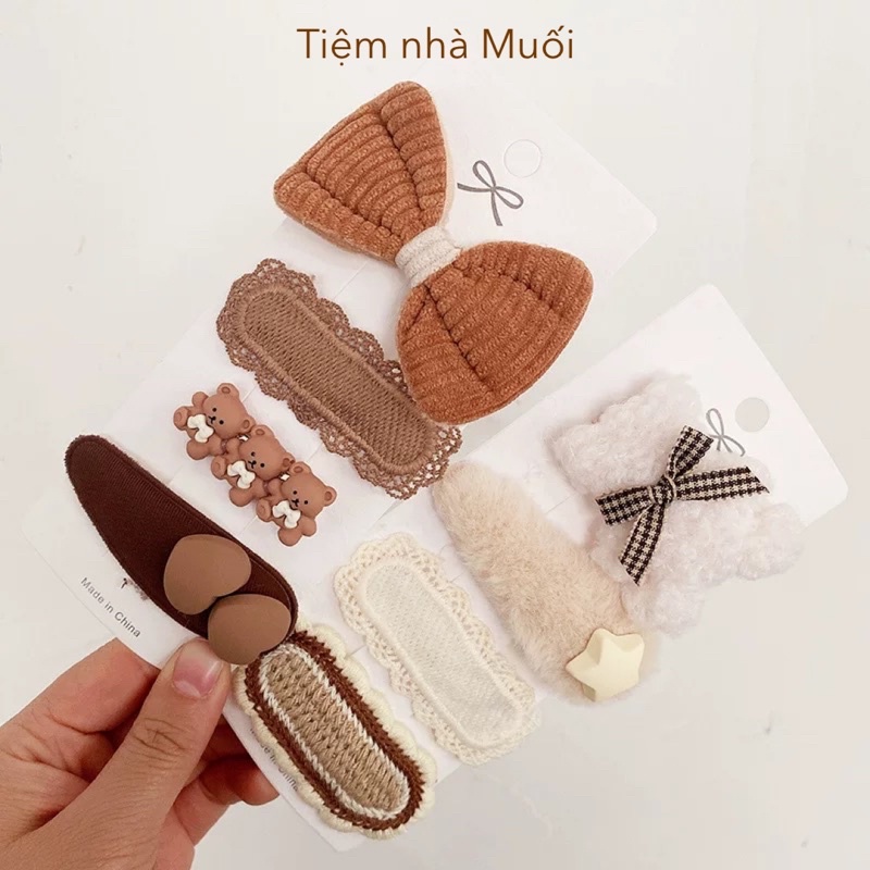 Set 4 kẹp tóc tone nâu/be/trà sữa siêu cute phong cách Hàn Quốc cho bé gái