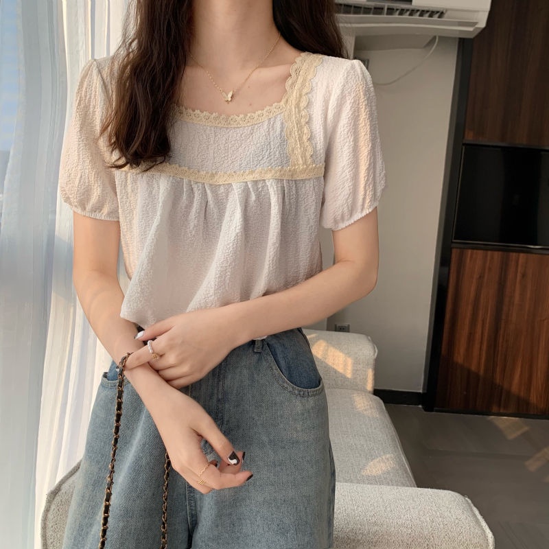 Áo chiffon BH cổ vuông tay ngắn phối ren phong cách Hàn Quốc cho nữ
