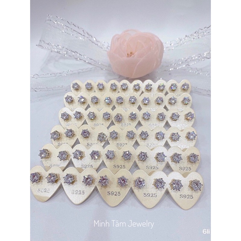 Bông tai nụ bạc S925 xi bạch kim,Khuyên tai nụ 6 chấu bạc 925 cao cấp-Minh Tâm Jewelry