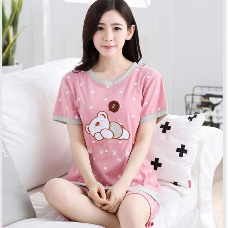 Đồ ngủ nữ, họa tiết hoạt hình dễ thương, size M-2XL, áo tay ngắn + quần short, đồ ngủ ngắn tay mùa hè Hàn Quốc, thời trang, New【lyfs】