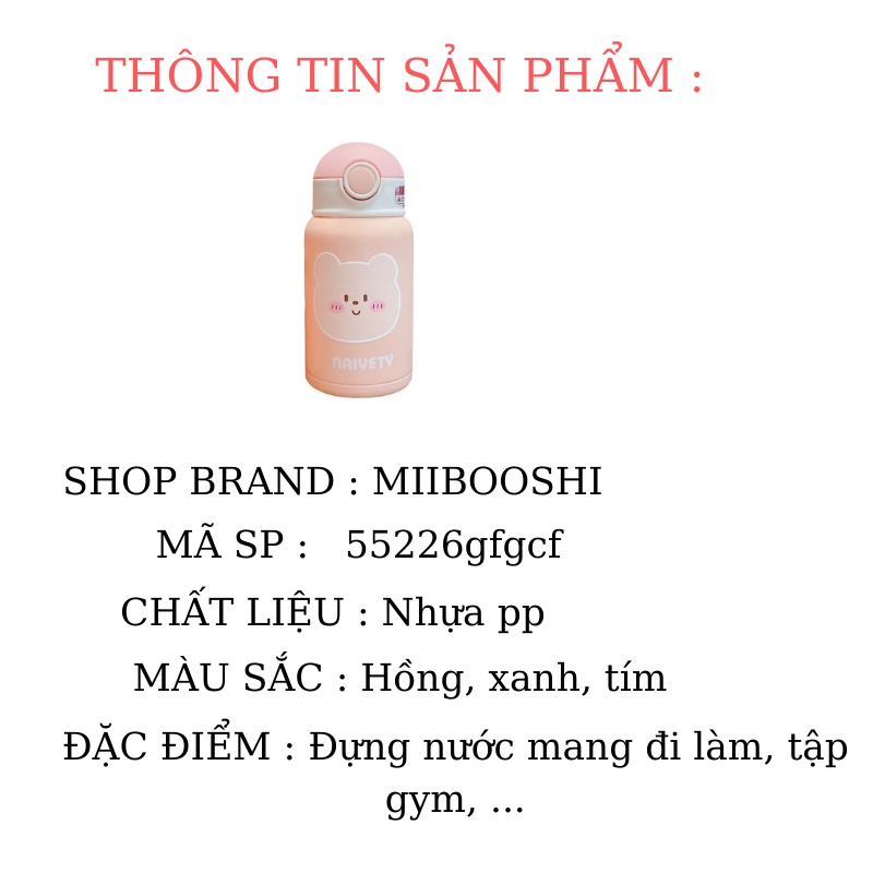 Bình nước cute cho bé có ống hút bằng nhựa hai lớp nắp đậy an toàn dung tích 450ml MiibooShi 55226gfgcf