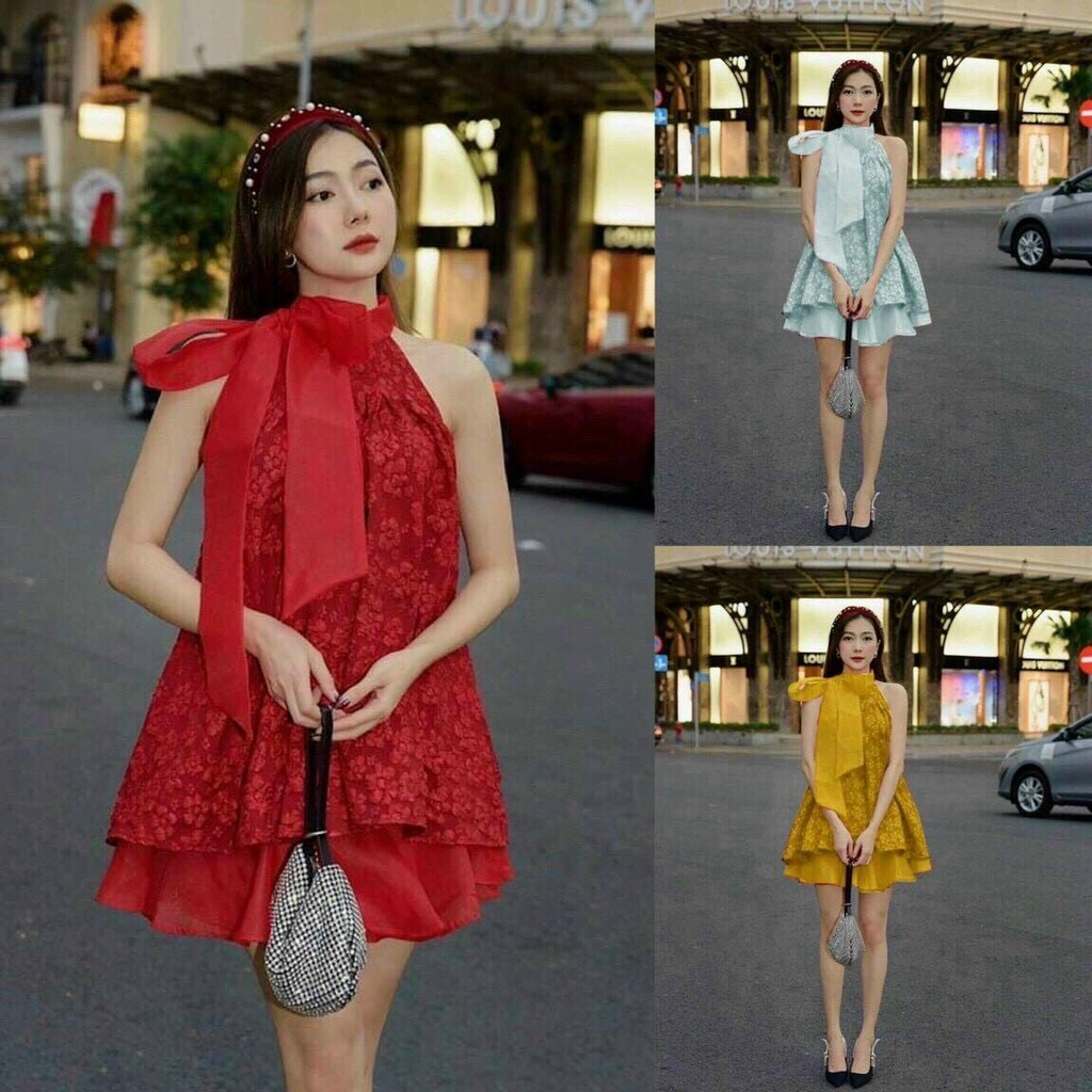 Sét Đồ Bộ Nữ Áo Chất Gấm Hoa Cổ Yếm Cột Nơ & Quần Lụa 100D Ống Rộng