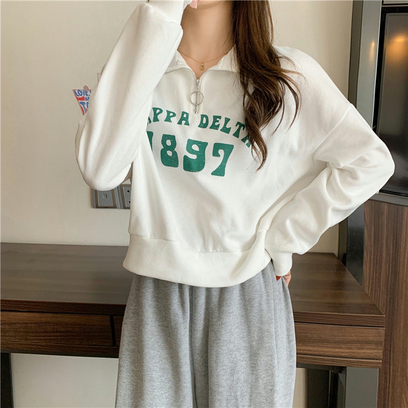 Áo thun SUXI tay dài cổ bẻ có khóa kéo thời trang mùa thu Hàn Quốc mới dành cho nữ