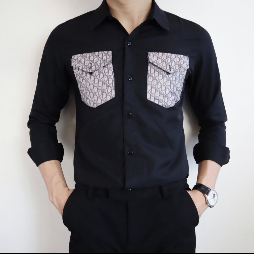 Áo Sơ Mi Nam Tay Dài Vải Lụa Phối 2 Túi Ngực In Chữ Sang Trọng Phong Cách Soái Ca Lịch Thiệp [NEW UNISEX]
