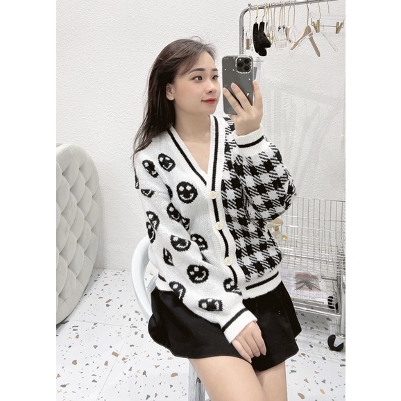 Áo khoác cardigan nữ YUNA lông thỏ dáng rộng hoạ tiết mặt cười viền đen  phong cách Hàn Quốc, thời trang nữ YUNA_AK002