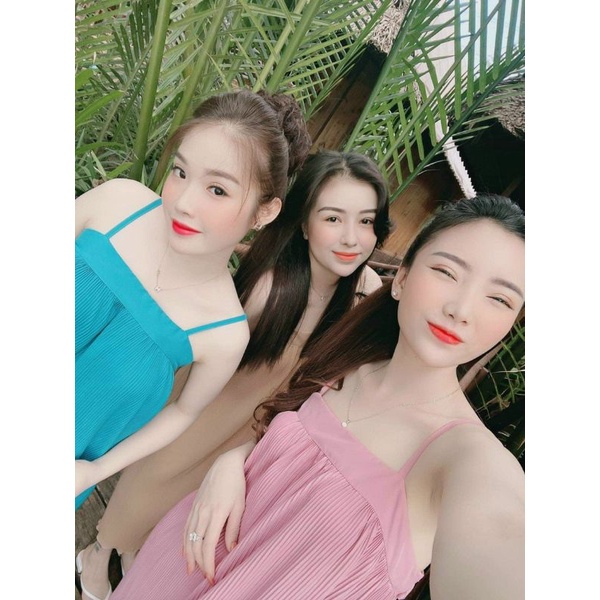 Đầm 2 Dây Cột Dây Nơ Dập Ly Dáng Dài