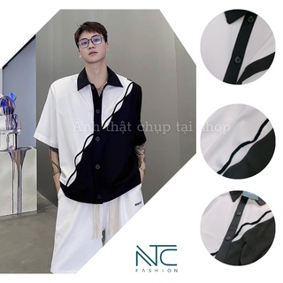 Áo sơ mi lụa trượt nam phối màu đen trắng BASIC NTC  A043