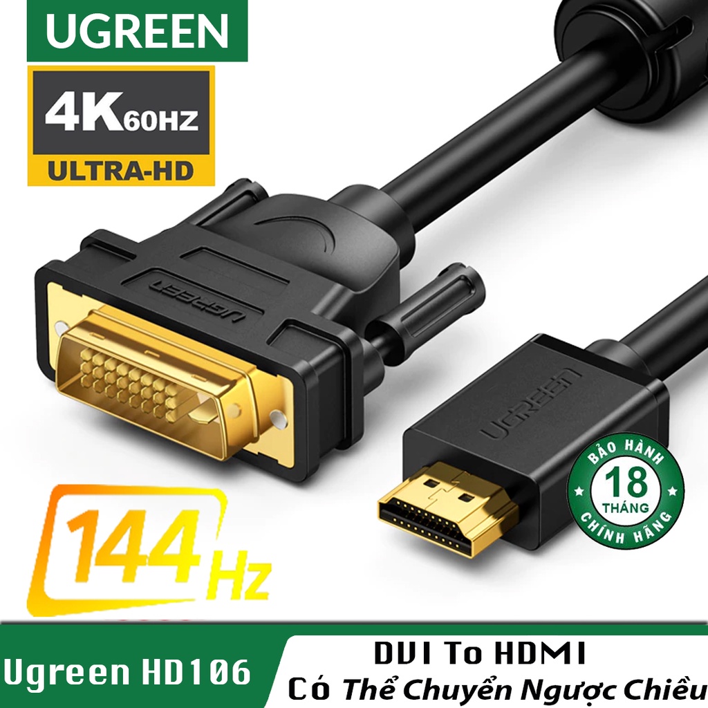 Dây HDMI To DVI Chính Hãng UGreen HD106 - Dài 1M, 1.5M, 2M, 3M, 5M, 10M - BH 18T đổi mới