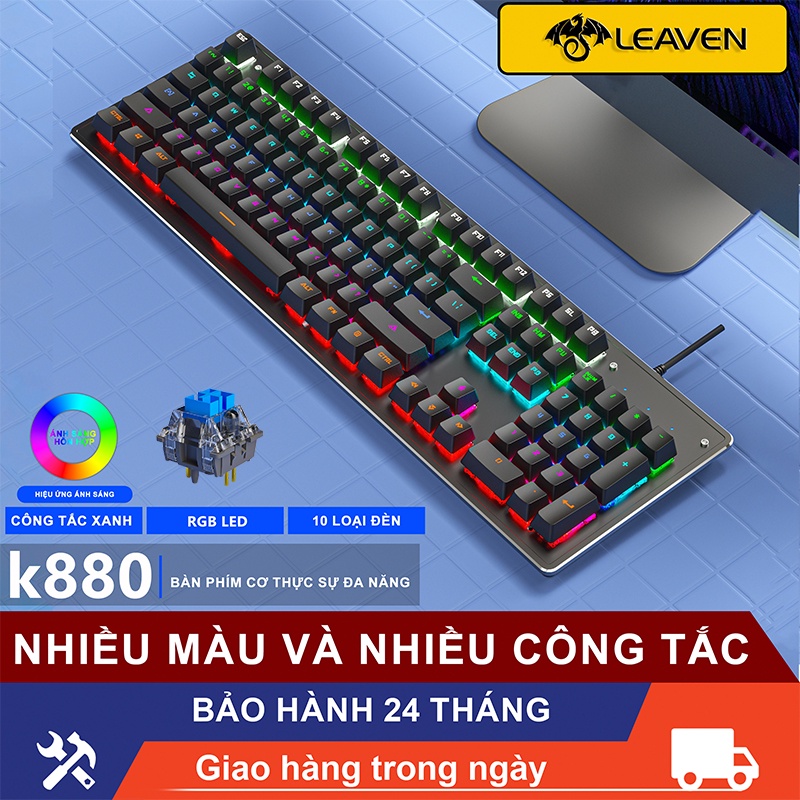 Bàn phím máy tính LEAVEN k880 Đèn LED đầy màu sắc GRB 10 hiệu ứng ánh sáng cho văn phòng và chơi game Bàn phím cơ