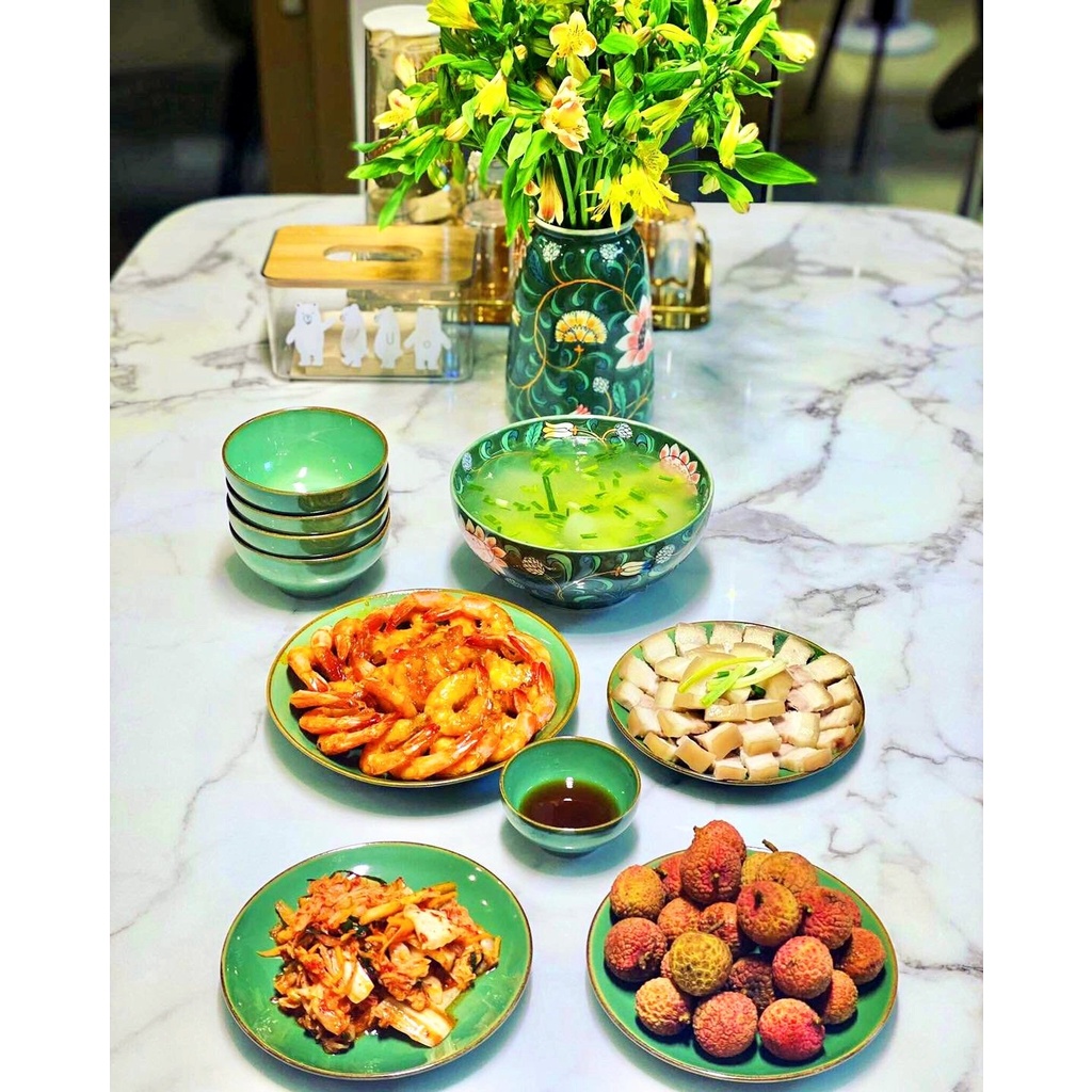 Bộ bát đĩa đẹp Gấm hoa, Bộ chén dĩa gốm Sứ Bát Tràng, hàng cao cấp xuất nhật, phù hợp bữa cơm Việt, tô điểm món ăn