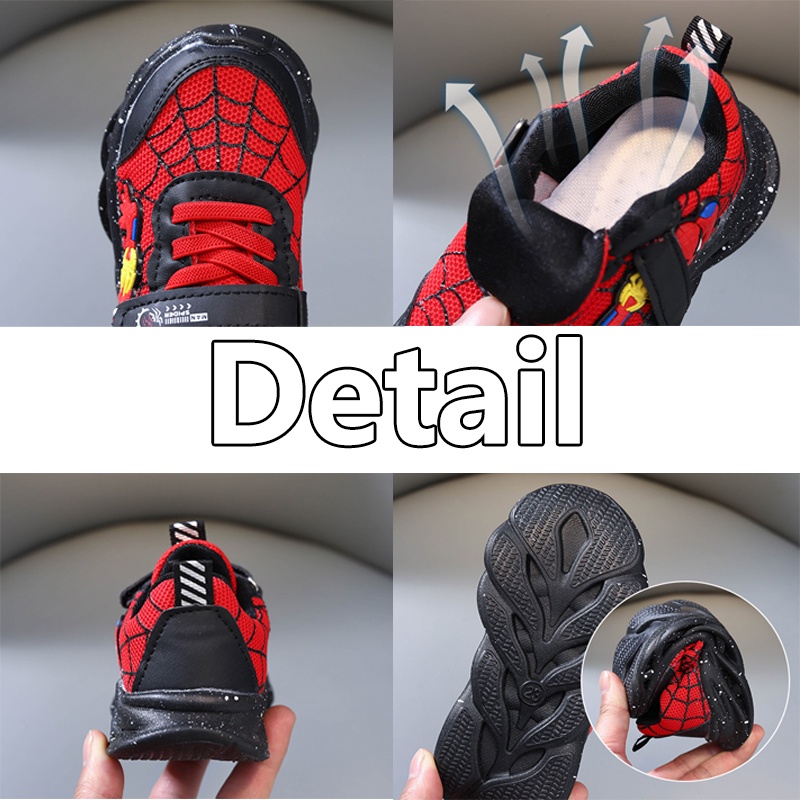 Giày Thể Thao Lưới Chống Trượt Màu Đỏ Đen In Hình Người Nhện Có Đèn LED Size 21-30 Cho Bé Trai
