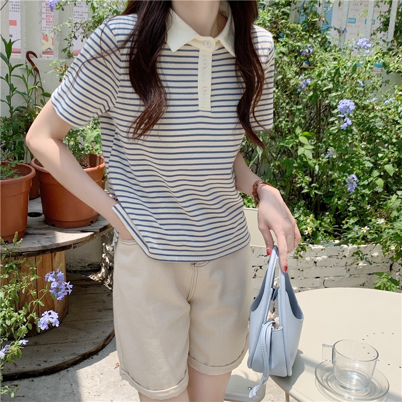 Áo polo cotton Tay Ngắn Dáng Rộng Họa Tiết Kẻ Sọc Thời Trang Mùa Hè 2022 Mới Cho Nữ