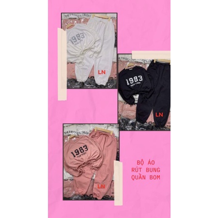 BỘ ÁO RÚT BỤNG 1983 QUẦN BOM CHẤT NỈ DA CÁ BA MÀU ĐEN HỒNG TRẮNG SIÊU CUTE