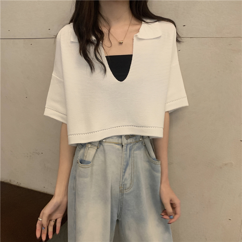 COZOK áo thun nữ bộ hè áo croptop áo phông áo nữ Áo Dệt Kim Tay Ngắn Thiết Kế Đơn Giản Trẻ Trung Cho Bạn Gái