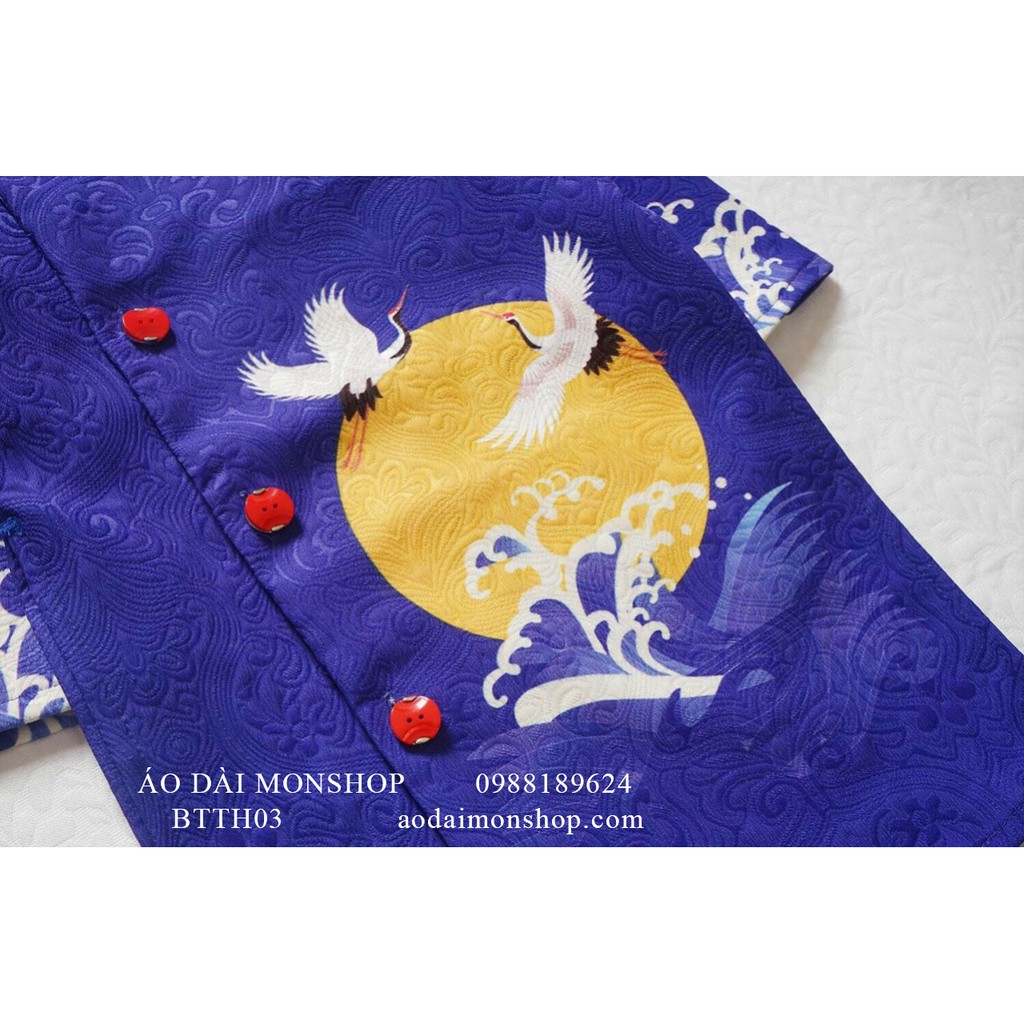 Áo Dài Bé Trai Cao cấp Thiên Hạc Vải Gấm Hoa - Màu Xanh