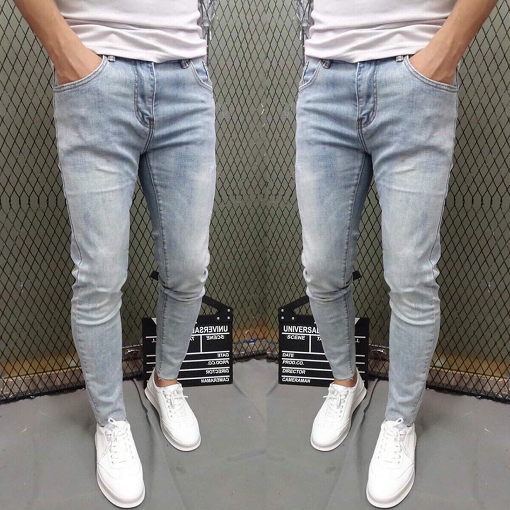 Quần Jeans Nam Xanh Rách Gối Chất Bò Mềm Mịn Đẹp Phong Cách Thời Trang Trẻ Trung
