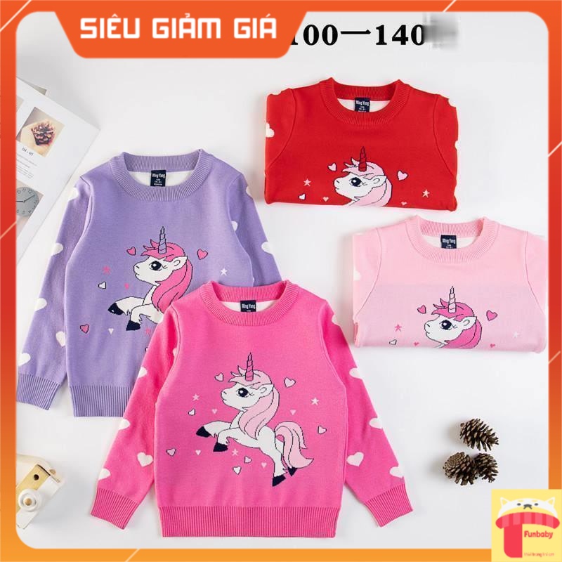 Áo len trẻ em bé gái xuất Hàn 2-7 tuổi 2 lớp hình ngựa pony, Áo ấm cho bé đanh sợi không bai xù thời trang