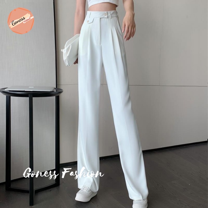 Quần ống rộng Goness 1 khuy lưng cạp cao baggy vải nữ dài suông loe culottes xuông thiết kế cạp túi nhiều màu QD03