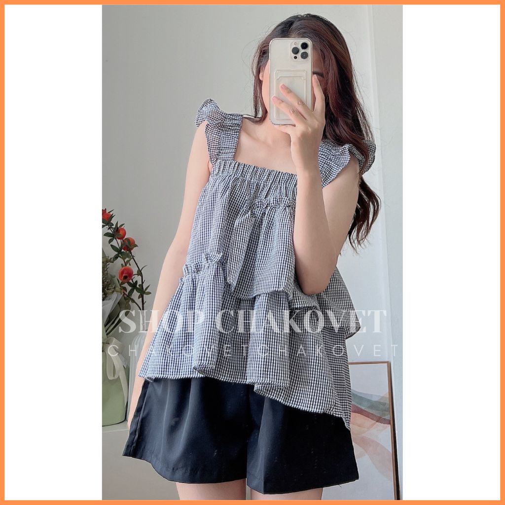 Set áo 2 dây cánh tiên kèm quần sooc S8381 Bộ đồ nữ tiểu thư dáng babydoll Hàn Quốc cách điệu bèo lệch cực xinh bánh bèo