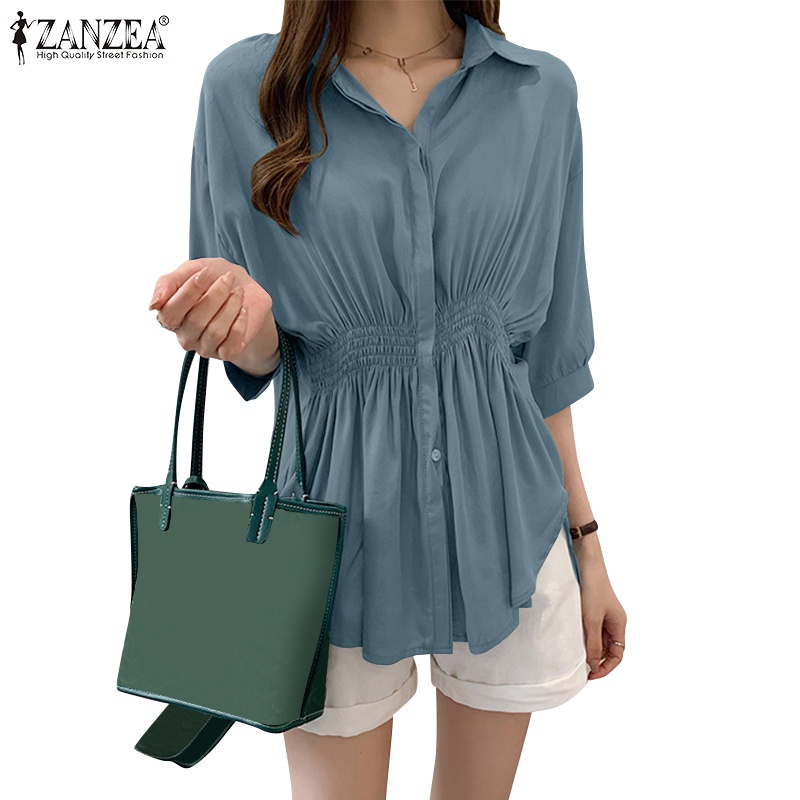 Áo sơ mi kiểu ZANZEA tay lỡ 3/4 cổ bẻ thời trang dành cho nữ