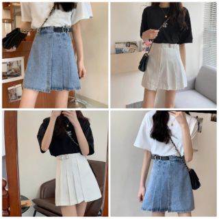 [Sẵn] Chân váy vạt lệch xếp ly phối belt ulzzang