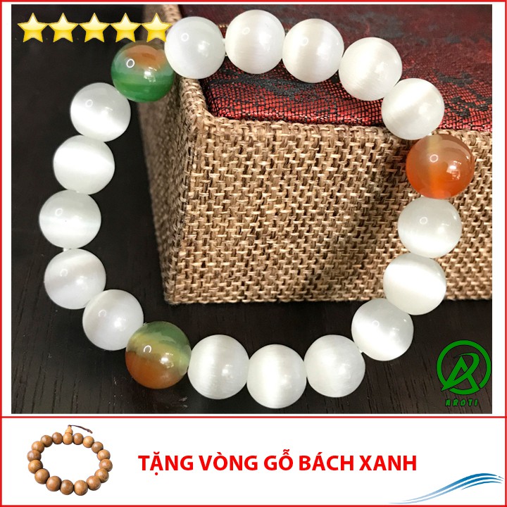 [Shop Uy Tín] V229-10 Vòng phong thủy mắt mèo trắng tam bảo 10 ly V229-10(GB)-Kèm vòng Phong Thủy Gỗ Bách Xanh