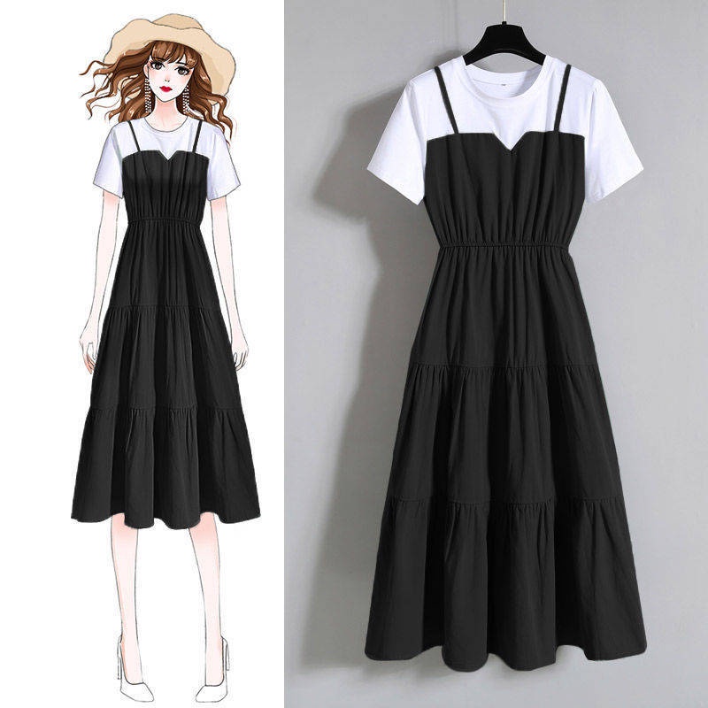 Đầm Nữ Dáng Dài Tay Ngắn Size M-6XL Thiết Kế Giả Hai Lớp Thời Trang Mùa Hè
