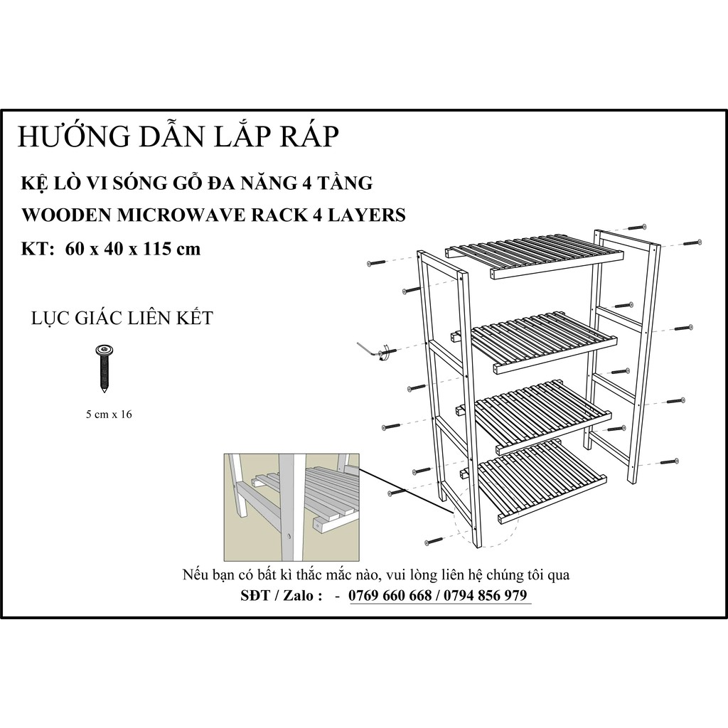 Kệ lò vi sóng gỗ 4 tầng - kệ nhà bếp đa năng