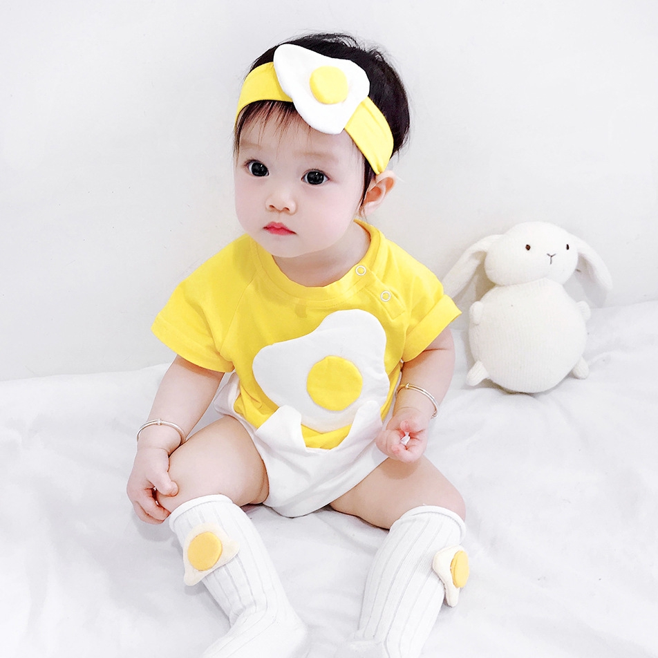 Set áo liền quần 2 món họa tiết trứng hoạt hình đáng yêu sáng tạo cho bé sơ sinh