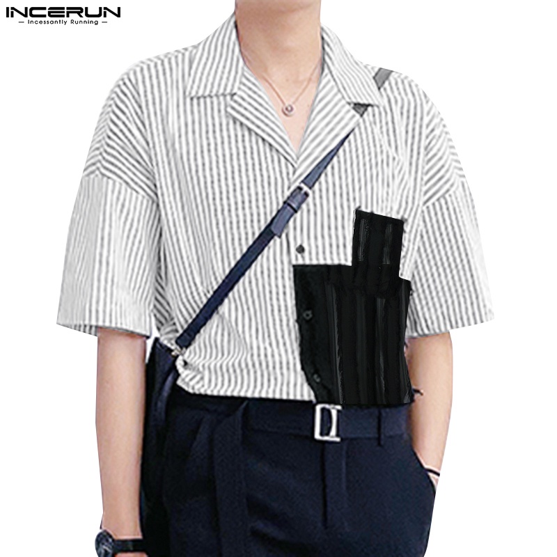 Áo sơ mi INCERUN ngắn tay dáng rộng gài nút kẻ sọc thời trang cho nam