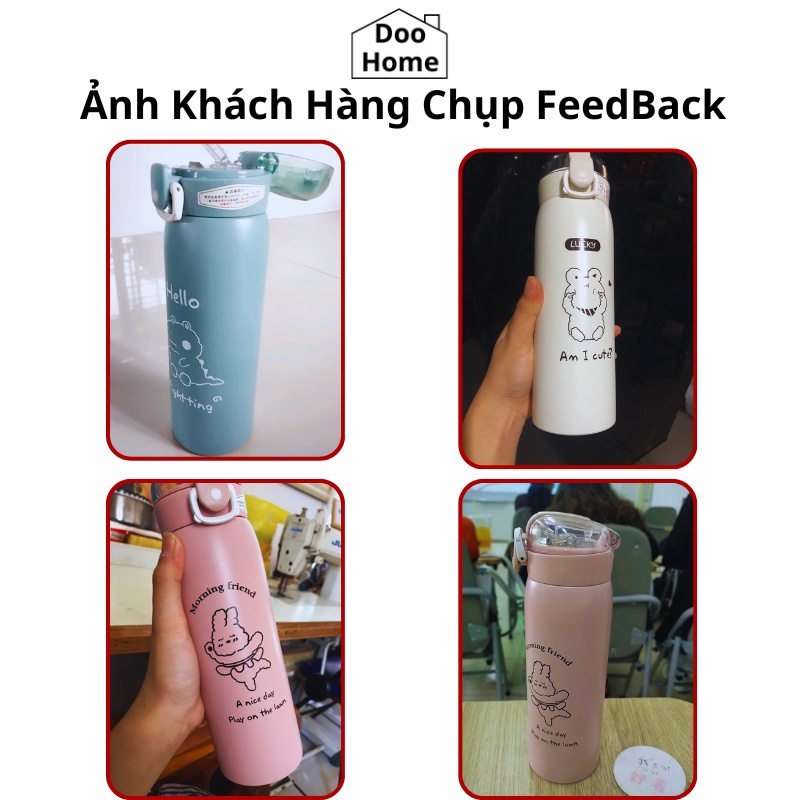 Bình đựng nước giữ nhiệt thép không gỉ INOX 304 dễ thương 500ml, Ly Cốc giữ nhiệt có ống hút kèm dây +sticker-DooHome