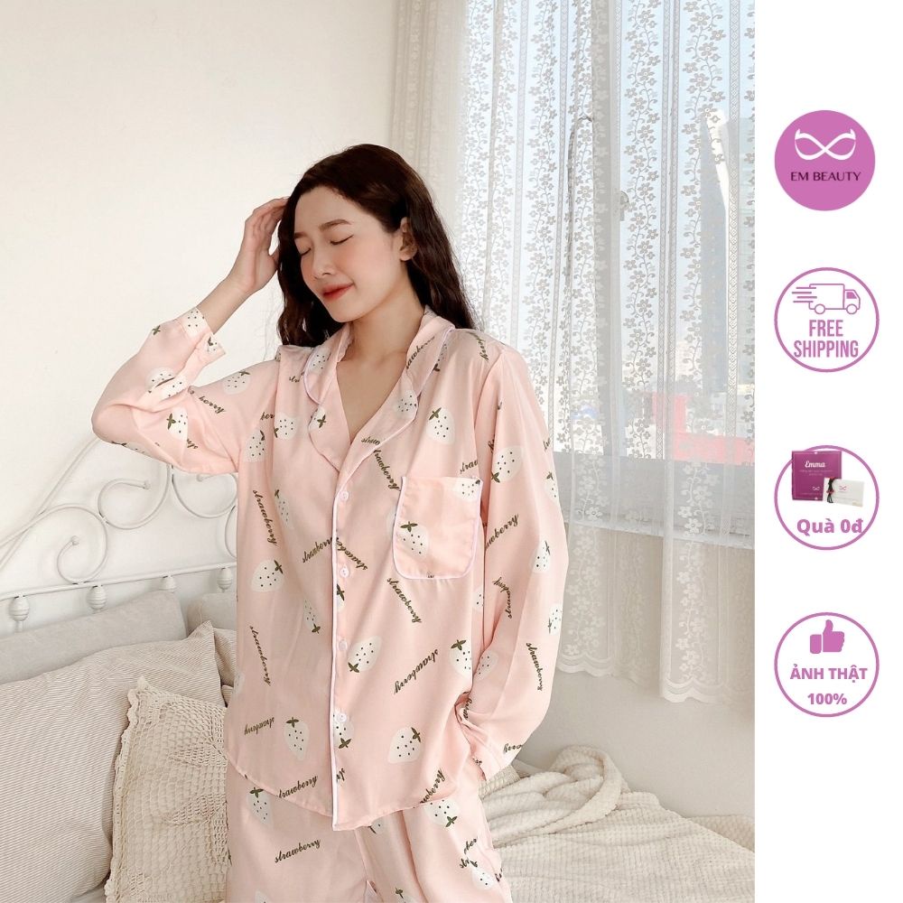 Pijama lụa EMBEAUTY đồ ngủ nữ, bộ mặc nhà dài tay, lụ.a mango họa tiết cúc, sau sinh, freesize CÓ FREESHIP TẶNG QUÀ_EM01