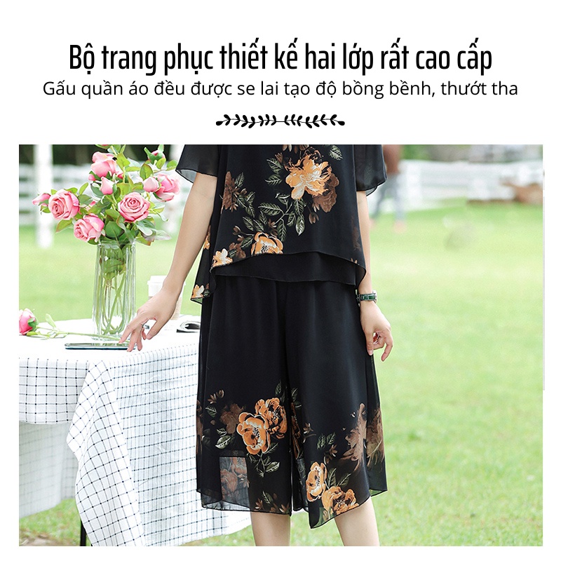 Đồ bộ trung niên nữ cho mẹ mặc nhà, Voan lụa Hàng Châu 2 lớp cao cấp V'vie Ladies #B01