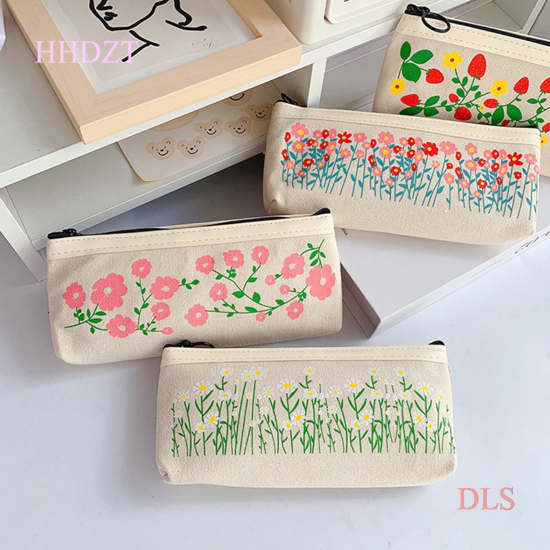 Túi Đựng Bút Chì Bằng Vải Canvas In Họa Tiết Hoa Cúc Phong Cách Cổ Điển Tiện Dụng Cho Học Sinh