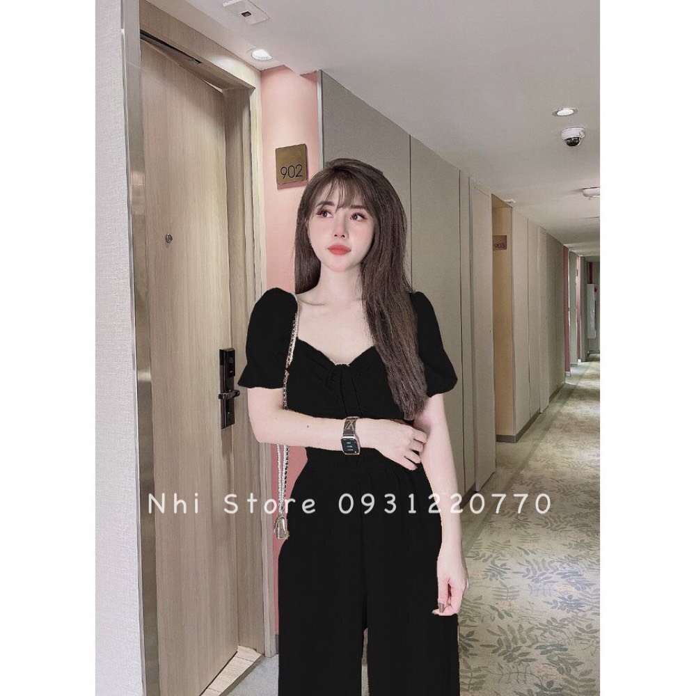 [FREESHIP 50K] Set Bộ Kiểu Nữ NHISTORE Quần Dài Ống Rộng Áo Croptop Cổ Vuông Tay Phồng Rút Dây Freesize Dưới 55Kg