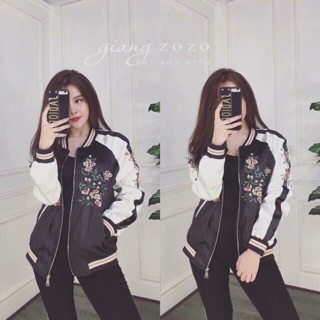 Áo bomber lụa thêu 2 lớp