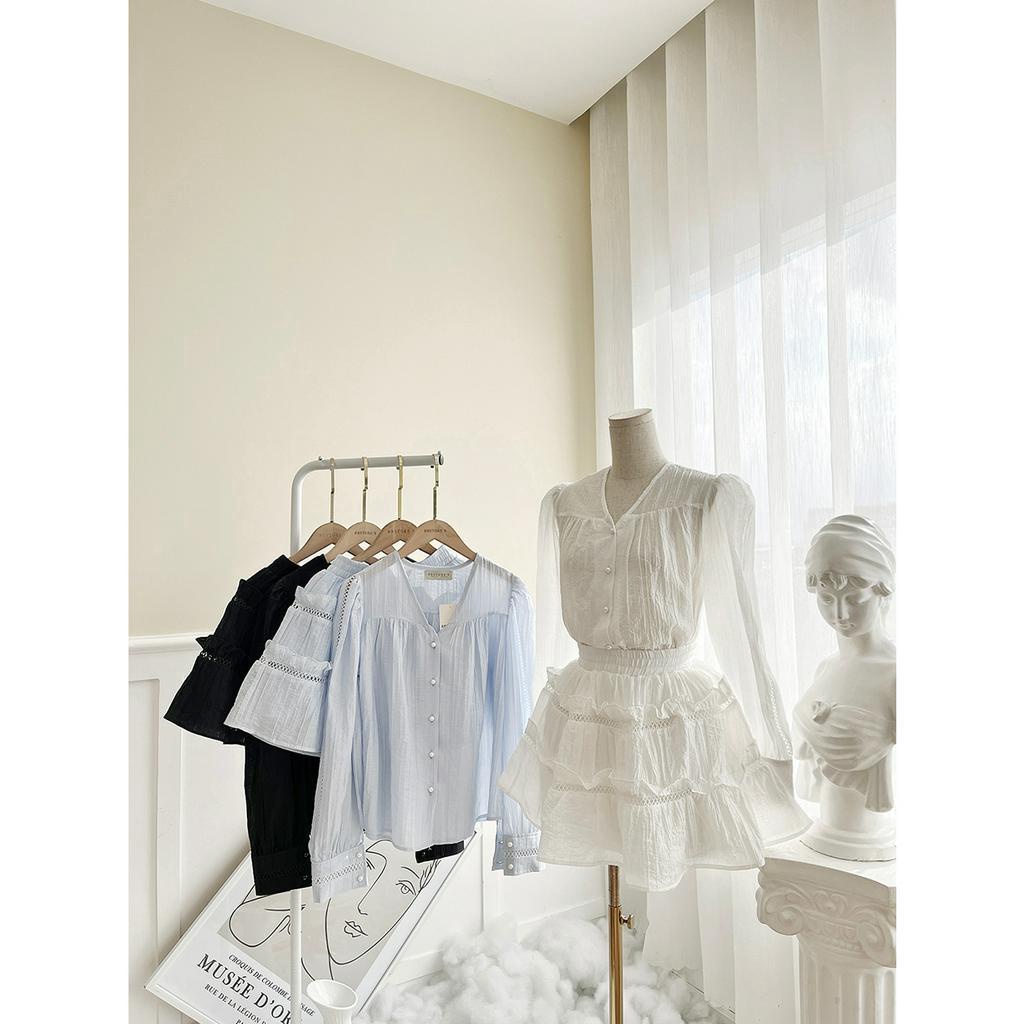 BBSTORE'S Set Áo Sơ Mi Tay Dài Kèm Chân Váy Viền Ren Nhún Bèo -K1933S