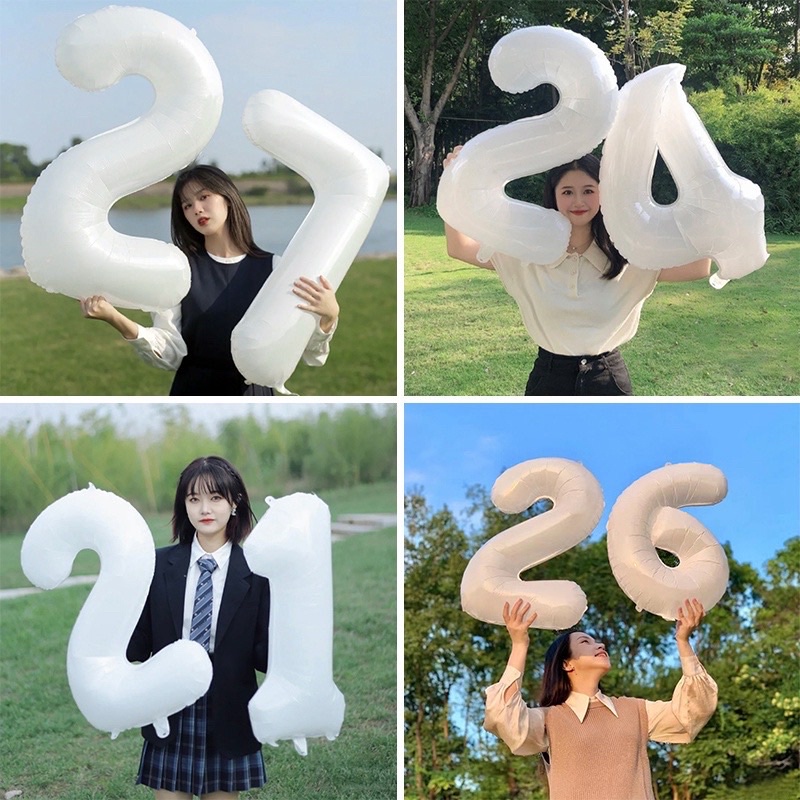 Bóng bay tuổi sinh nhật 0-9 size 32 inch màu trắng trang trí sinh nhật, chụp ảnh siêu xinh