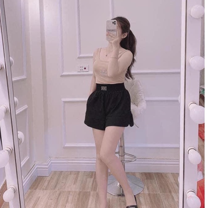 Quần short ống rộng mặc nhà cạp thun chun co dãn có túi đính logo Quần đùi nữ thể thao tập gym bigsize màu trắng đen be