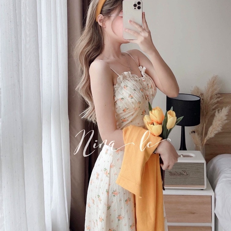 Váy 2 dây hoa nhí dáng dài, Đầm hai dây vintage hở lưng kèm áo cardigan tay dài AS11
