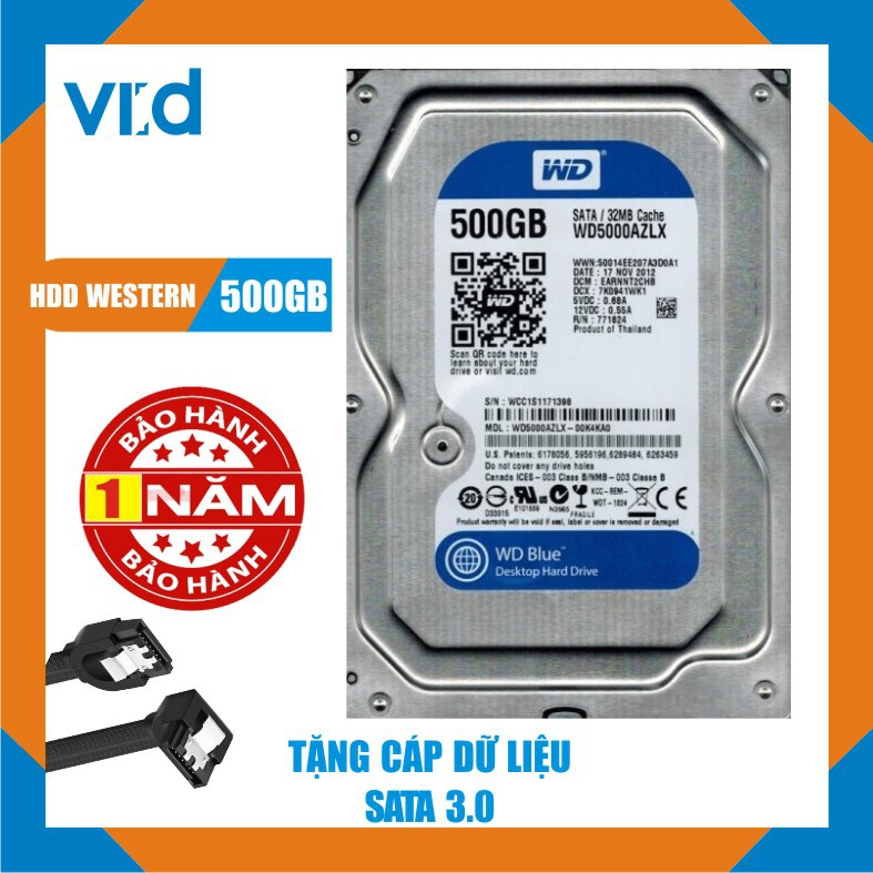 Ổ. cứng HDD 500GB Western Blue - Tặng cáp sata 3.0  - Hàng nhập khẩu tháo máy đồng bộ mới 98% - Bảo hành 12T