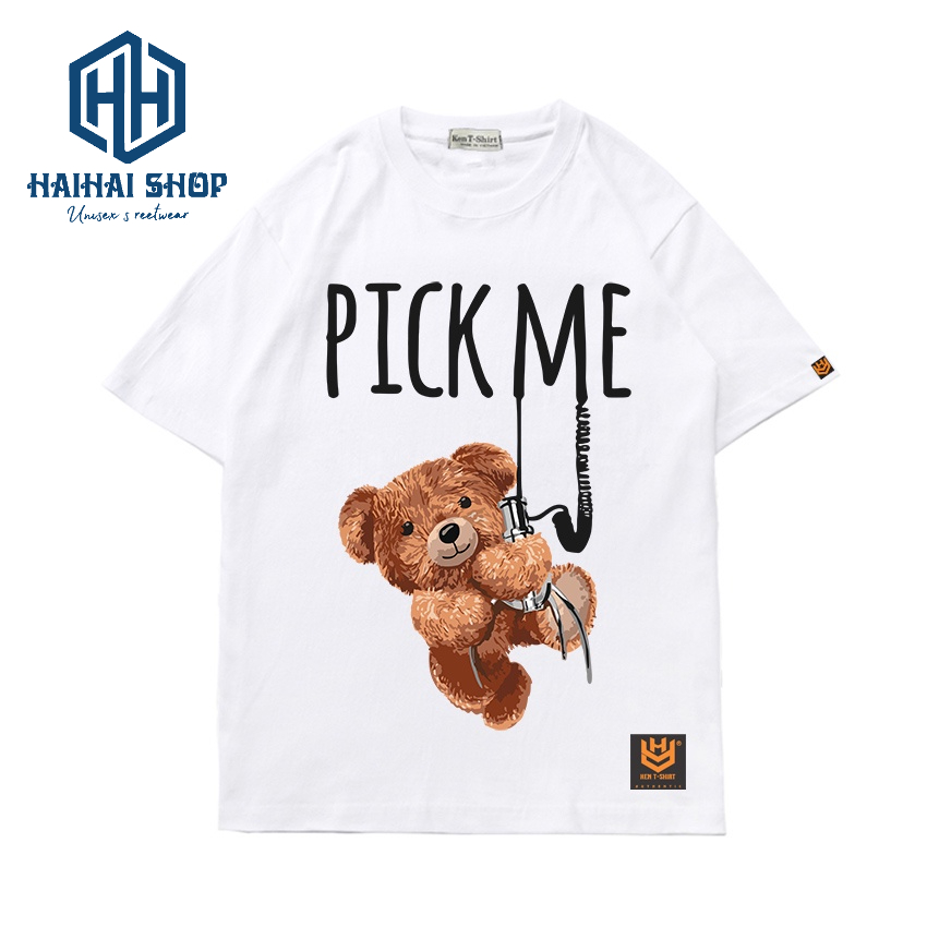 Áo thun tay ngắn nữ form rộng nam nữ áo nhóm lớp giá rẻ in hình Gấu Pick Me 511