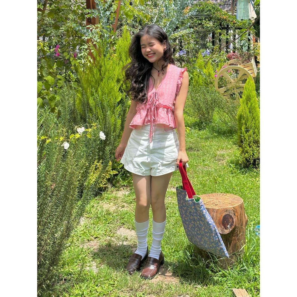 Áo kiểu bèo cổ v cột dây BELLE TOP