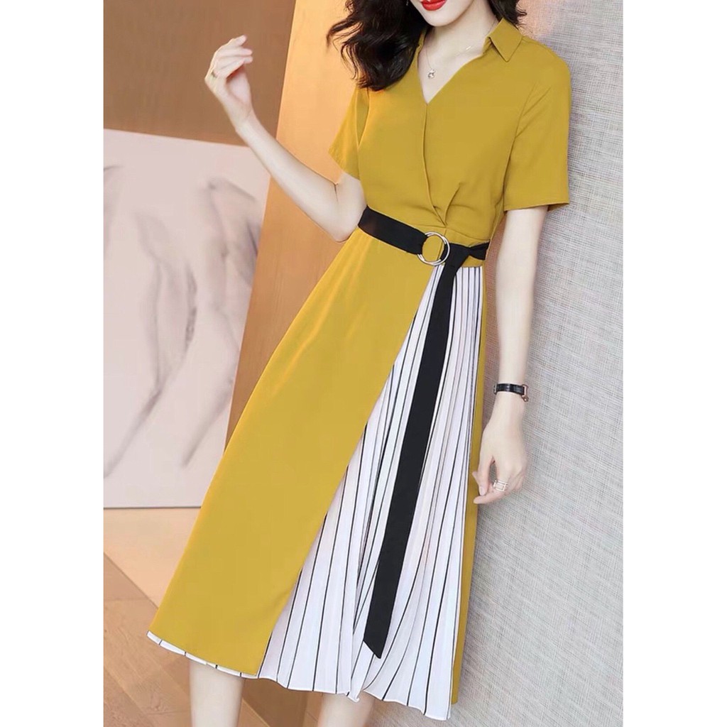 Đầm váy freesize vàng phối sọc