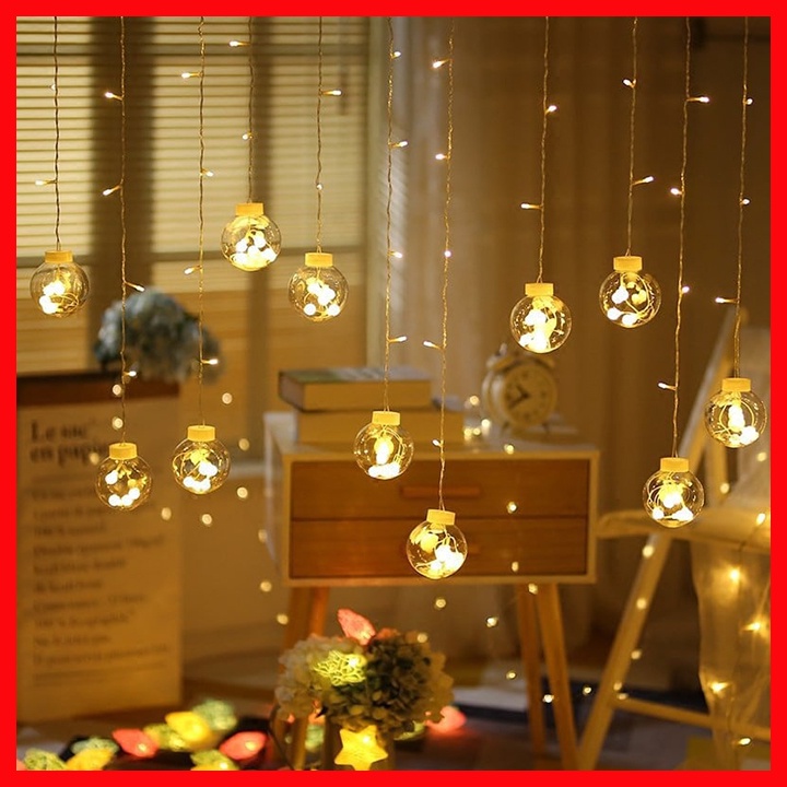 Đèn Led Chớp Trang Trí Dạng Mành Hình Cầu Dài 5M 12 Bóng, Dây Đèn Led Trang Trí Thả Mành Đủ Màu