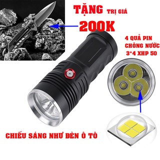 (CHIẾU XA 1KM)Đèn Pin Siêu Sáng, chống nước, vua khoảng cách- Tặng trị Giá 150k, 4 pin, 3*4 Bóng kép, Độ sáng 20000Lm